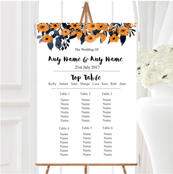 Watercolour Black & Orange Floral Header Personalised Wedding Seating Table Plan