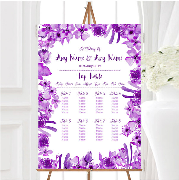 Watercolour Indigo Cadbury Purple Floral Personalised Wedding Seating Table Plan