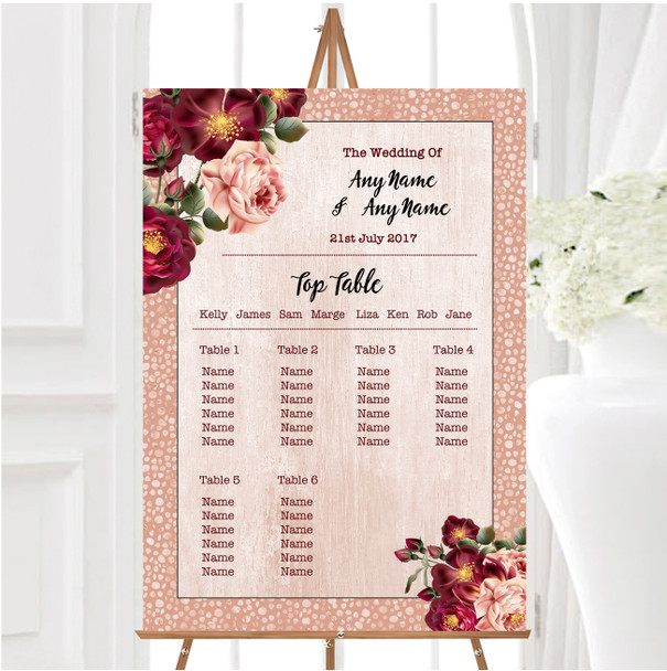 Coral Blush & Deep Red Watercolour Rose Personalised Wedding Seating Table Plan