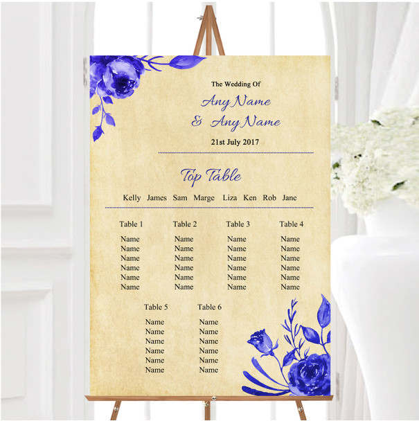 Vintage Blue & White Watercolour Floral Personalised Wedding Seating Table Plan