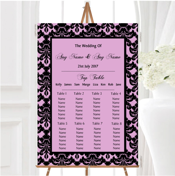 Dusky Rose Pink Black Damask & Diamond Personalised Wedding Seating Table Plan