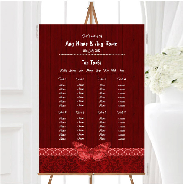 Rustic Vintage Wood Butterfly Deep Red Personalised Wedding Seating Table Plan