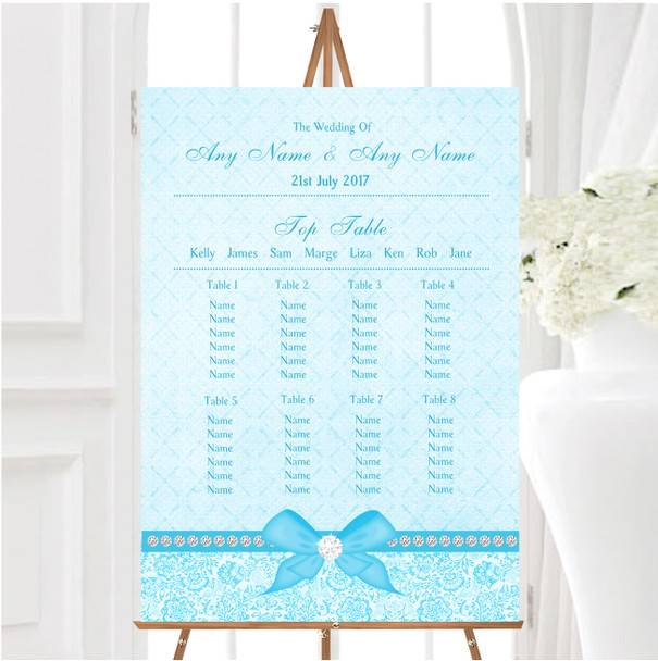 Pretty Floral Vintage Bow & Diamante Aqua Sky Blue Wedding Seating Table Plan