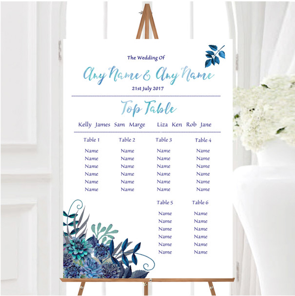 Aqua Green & Blue Watercolour Florals Personalised Wedding Seating Table Plan