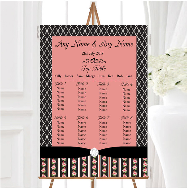 Black And Coral Pink Rose Shabby Chic Personalised Wedding Seating Table Plan