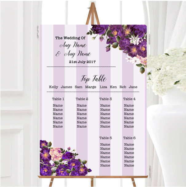 Cadbury Purple Rose & Stripes Vintage Personalised Wedding Seating Table Plan