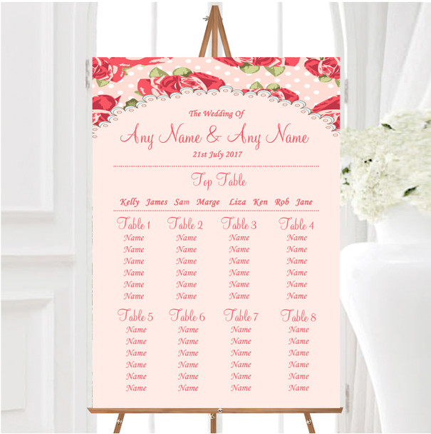 Coral Pink Floral Shabby Chic Chintz Personalised Wedding Seating Table Plan