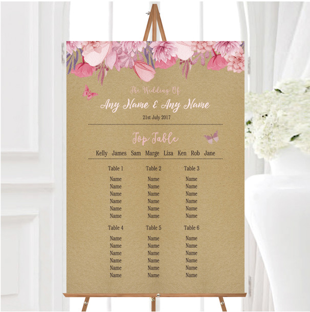 Lilac & Pink Rustic Bunting & Floral Personalised Wedding Seating Table Plan