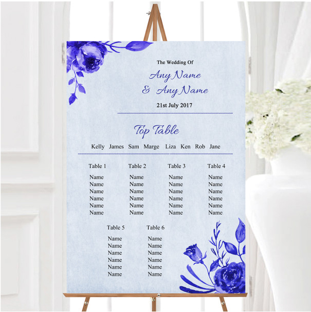 Pale Blue & White Watercolour Floral Personalised Wedding Seating Table Plan