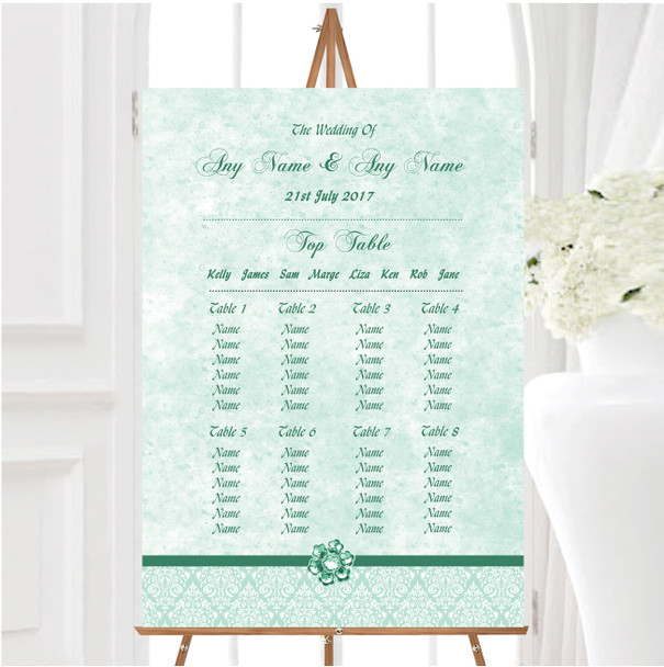 Pale Mint Green Vintage Damask Jewel Personalised Wedding Seating Table Plan