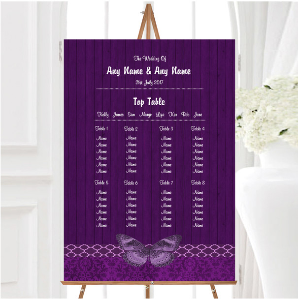 Rustic Vintage Wood Butterfly Purple Personalised Wedding Seating Table Plan