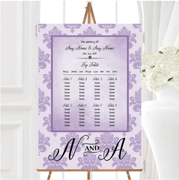 Vintage Damask Initials Lilac Purple Personalised Wedding Seating Table Plan