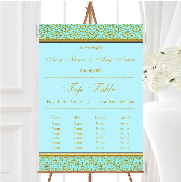 Aqua Sky Blue & Gold Vintage Damask Personalised Wedding Seating Table Plan