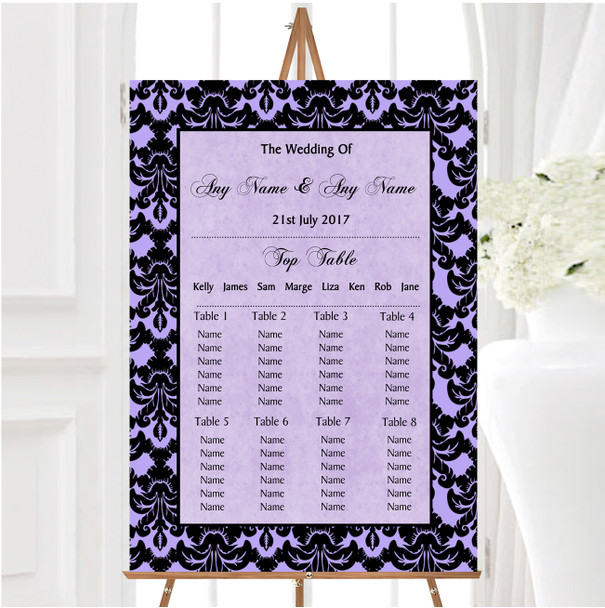 Lilac Purple Black Damask & Diamond Personalised Wedding Seating Table Plan