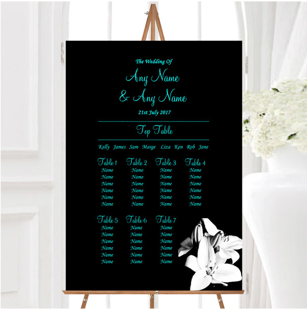 Stunning Lily Black White Turquoise Personalised Wedding Seating Table Plan