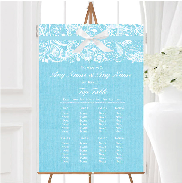 Vintage Aqua Sky Blue Burlap and Lace Personalised Wedding Seating Table Plan
