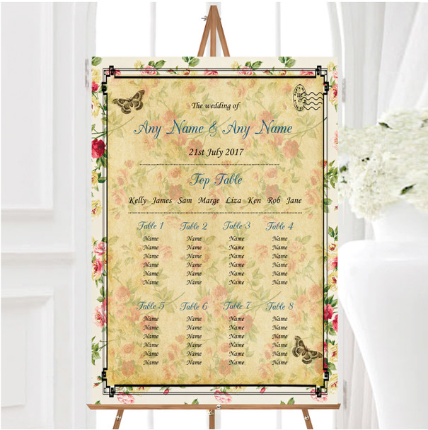 Vintage Floral Shabby Chic Postcard Personalised Wedding Seating Table Plan