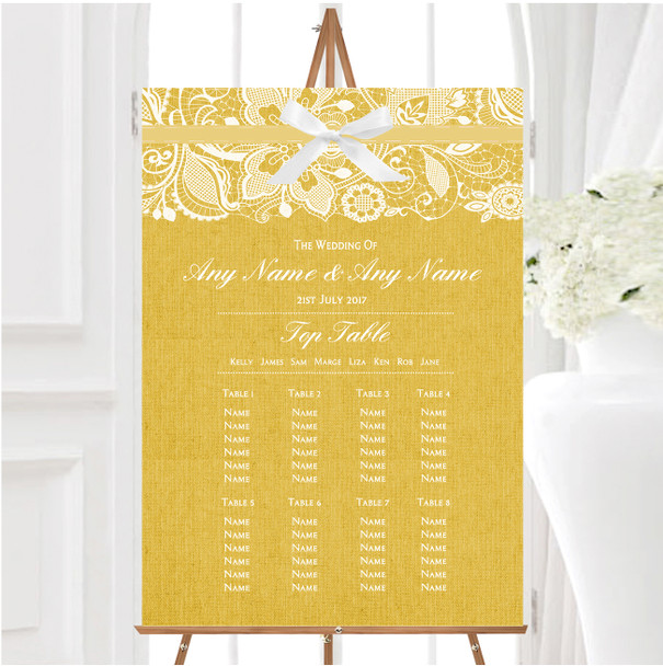 Vintage Golden Yellow Burlap & Lace Personalised Wedding Seating Table Plan