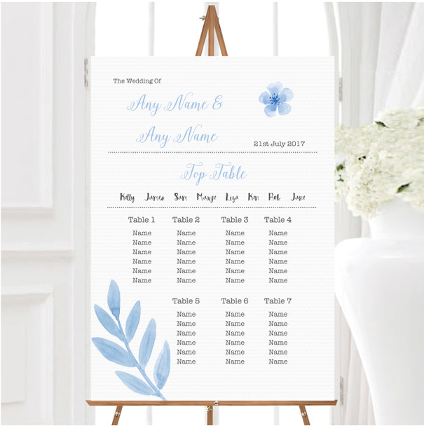 Watercolour Subtle Powder Baby Blue Personalised Wedding Seating Table Plan