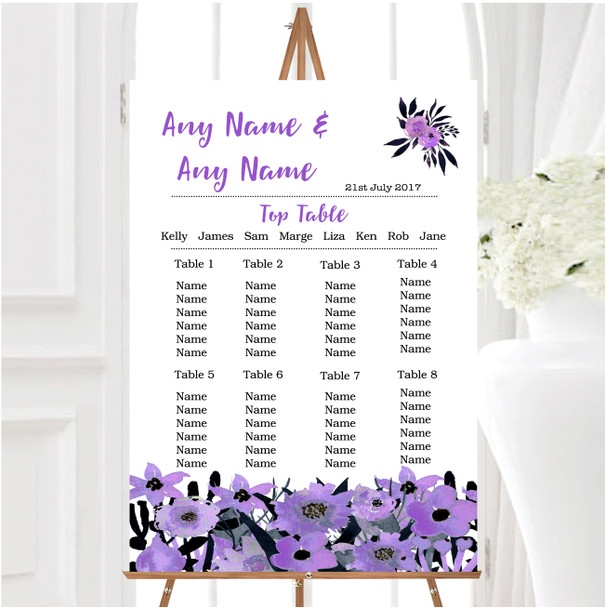 Black & Purple Watercolour Flowers Personalised Wedding Seating Table Plan