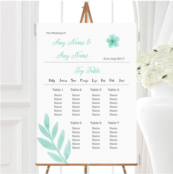 Watercolour Subtle Teal Mint Green Personalised Wedding Seating Table Plan