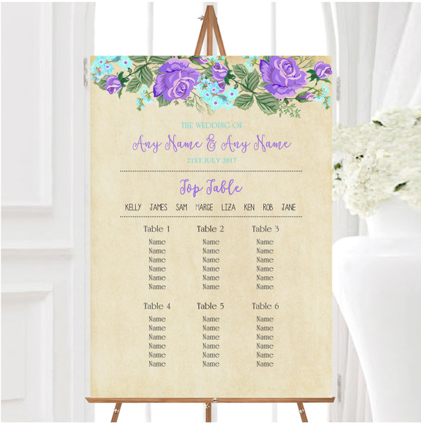 Vintage Purple & Blue Watercolour Personalised Wedding Seating Table Plan