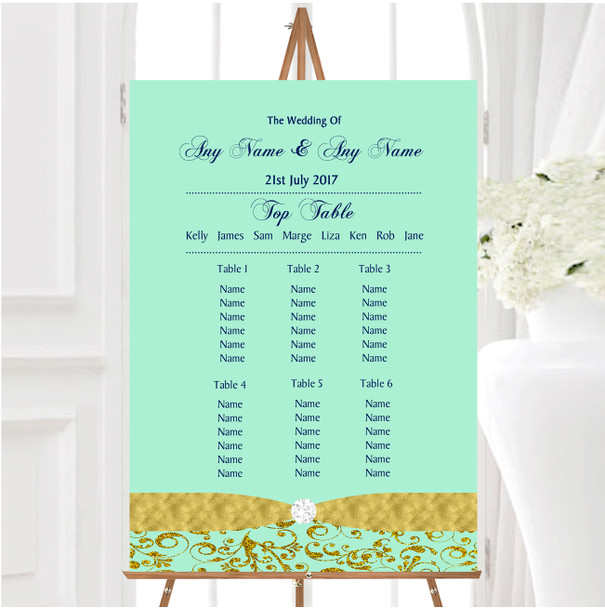 Gold And Cool Mint Green Vintage Personalised Wedding Seating Table Plan