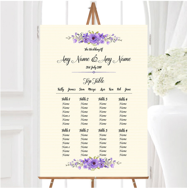 Watercolour Purple Floral Rustic Personalised Wedding Seating Table Plan