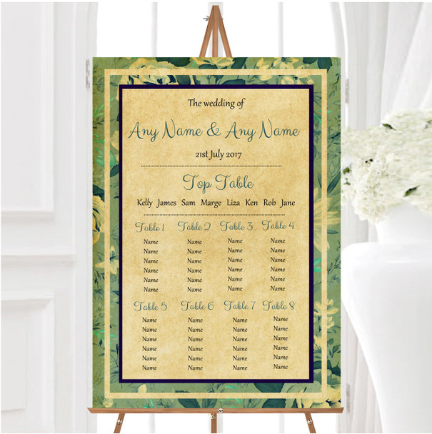 Vintage Blue Turquoise Floral Postcard Style Wedding Seating Table Plan