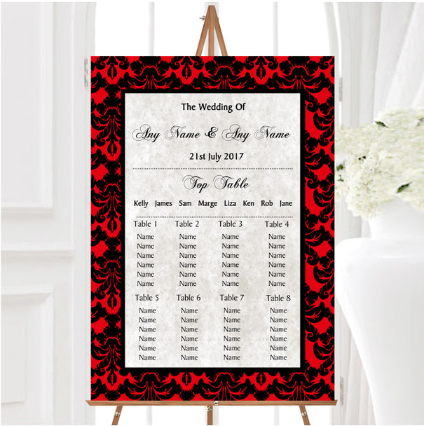 Deep Red Black Damask & Diamond Personalised Wedding Seating Table Plan