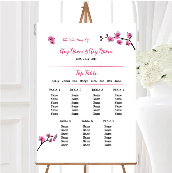 Pink Cherry Blossom Watercolour Personalised Wedding Seating Table Plan