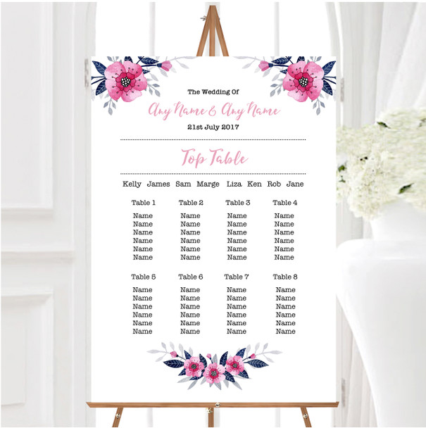 Navy Blue & Pink Subtle Floral Personalised Wedding Seating Table Plan