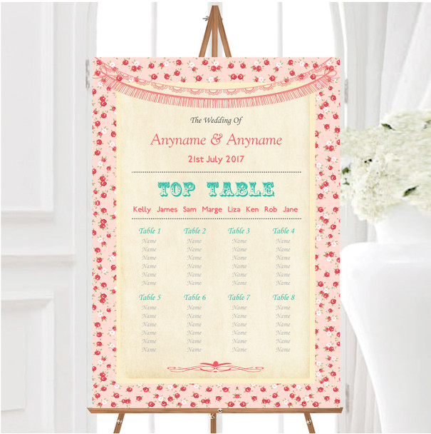 Pink Roses Shabby Chic Garland Personalised Wedding Seating Table Plan