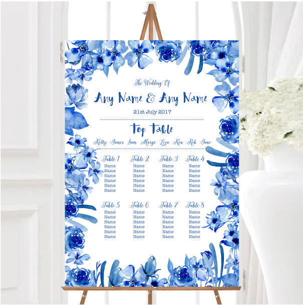 Watercolour Indigo Blue Floral Personalised Wedding Seating Table Plan