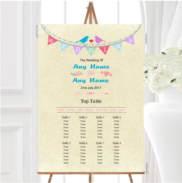 Vintage Shabby Chic Love Birds And Bunting Wedding Seating Table Plan