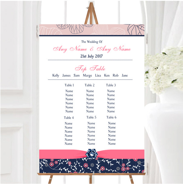 Navy Blue and Coral Pink Floral Personalised Wedding Seating Table Plan