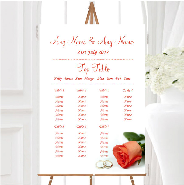 Orange Coral Peach Rose Rings Personalised Wedding Seating Table Plan