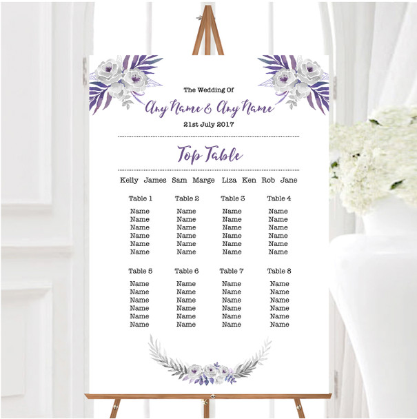 Purple & Silver Subtle Floral Personalised Wedding Seating Table Plan