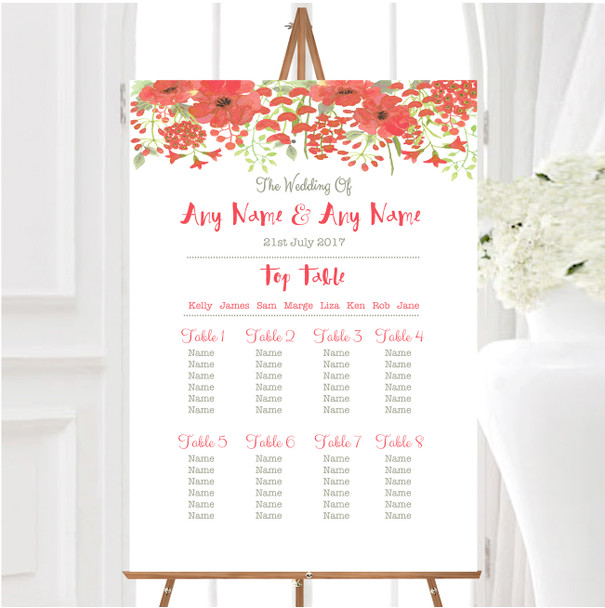 Watercolour Floral Coral Pink Personalised Wedding Seating Table Plan