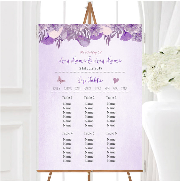 Cadbury Purple & Lilac Watercolour Floral Wedding Seating Table Plan