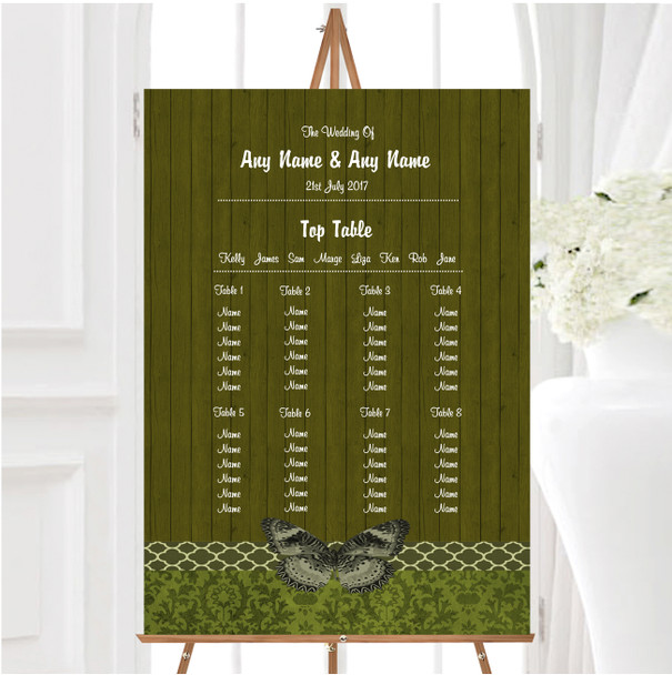 Rustic Vintage Wood Butterfly Olive Green Wedding Seating Table Plan