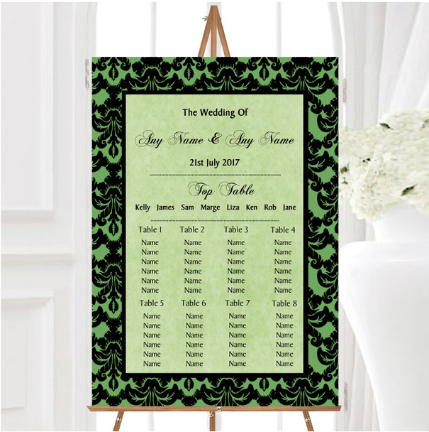 Green Black Damask & Diamond Personalised Wedding Seating Table Plan