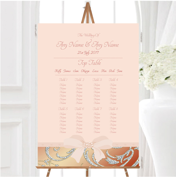 Pale Pink Coral Diamante Bow Personalised Wedding Seating Table Plan