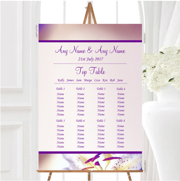 Purple Beautiful Lily Flower Personalised Wedding Seating Table Plan