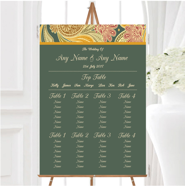 Green Yellow Orange Vintage Personalised Wedding Seating Table Plan