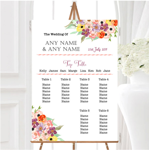 Floral Watercolour Bouquet Personalised Wedding Seating Table Plan
