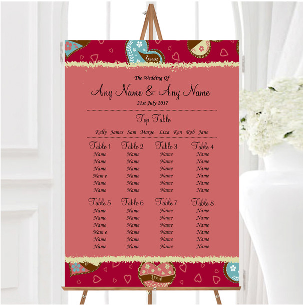 Modern Red Fun Love Hearts Personalised Wedding Seating Table Plan