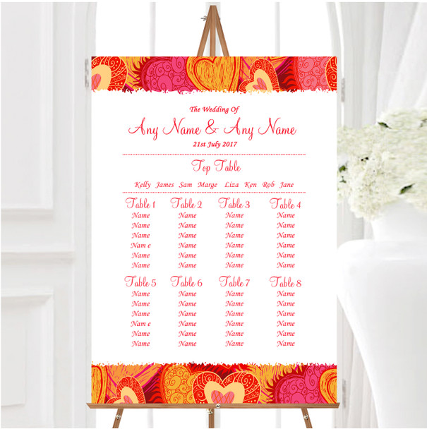 Orange Red And Pink Hearts Personalised Wedding Seating Table Plan