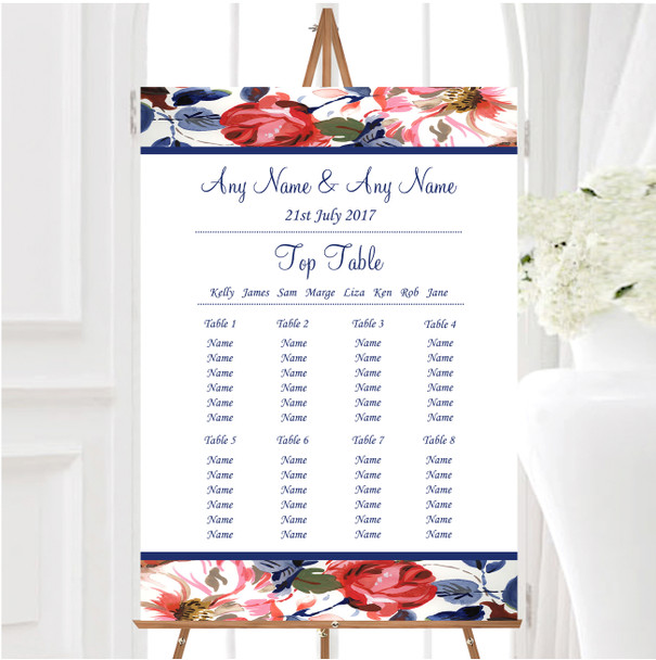 Pretty Blue Vintage Floral Personalised Wedding Seating Table Plan