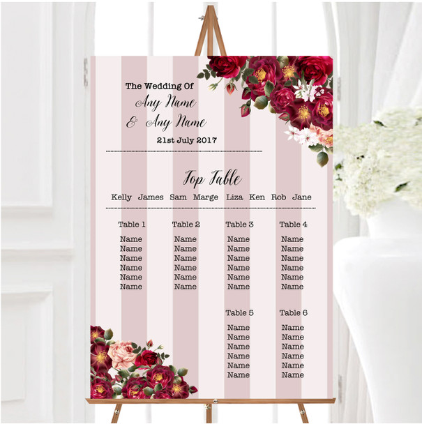 Red Rose & Stripes Vintage Personalised Wedding Seating Table Plan